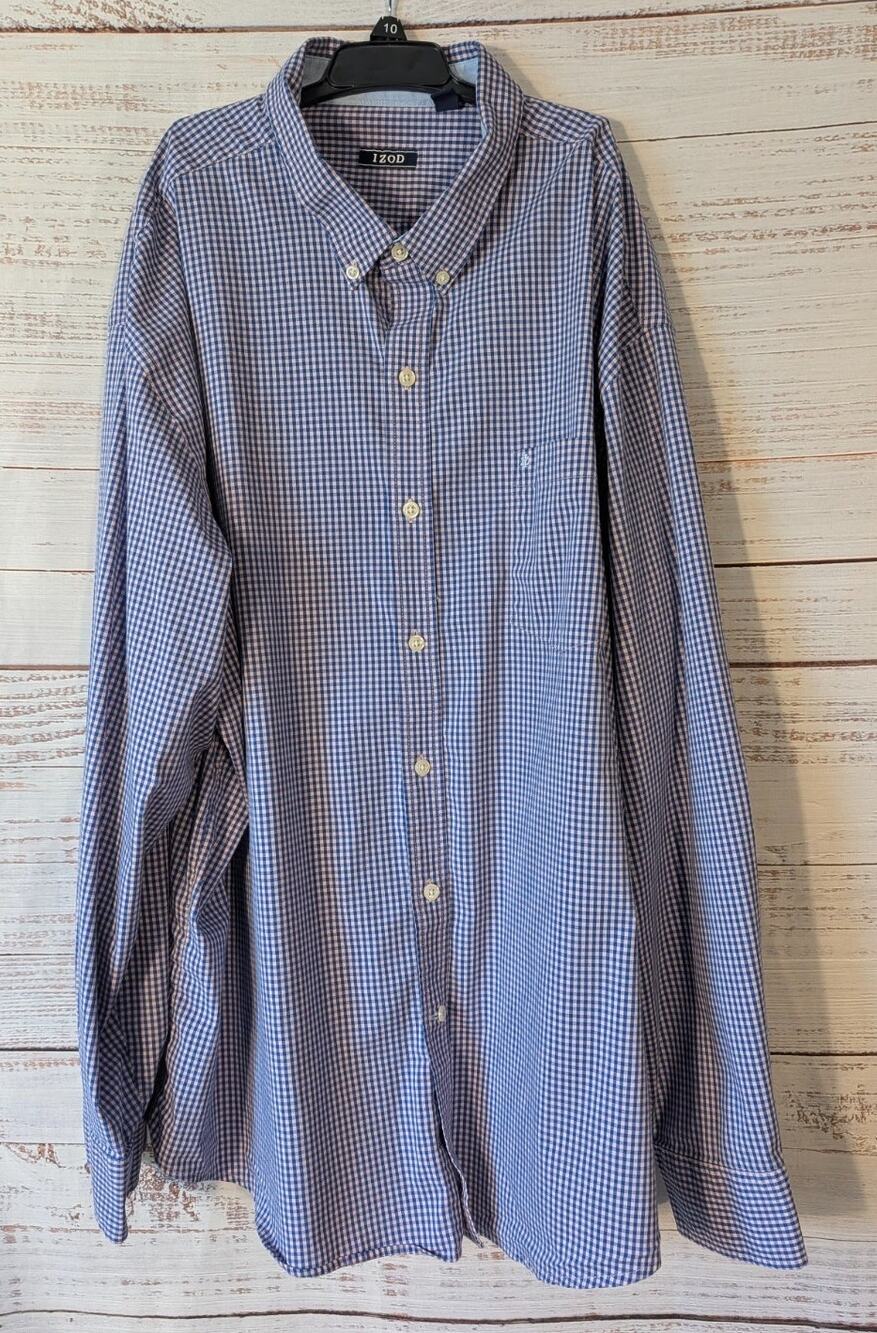 IZOD Casual Button-Down Shirt Men's Blue White Gingham XXL Cotton Blend Long
